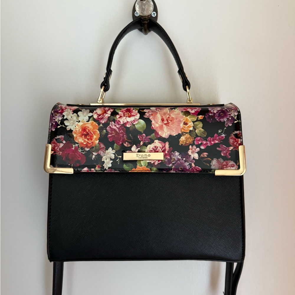 Dune London Black Satchel with Floral Print Flap